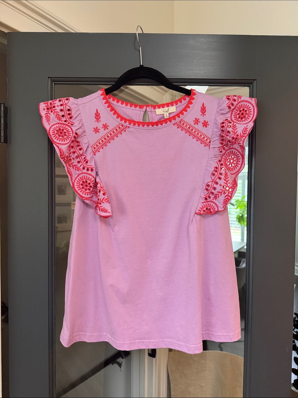 easel Pink Embroidered Flutter Sleeve Tunic